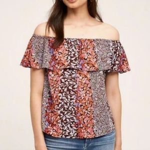 Maeve Off-Shoulder Floral Ruffle Top in Brown, Orange, Purple